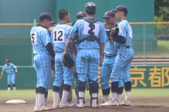 マウンドに集まる京都廣学館の選手たち